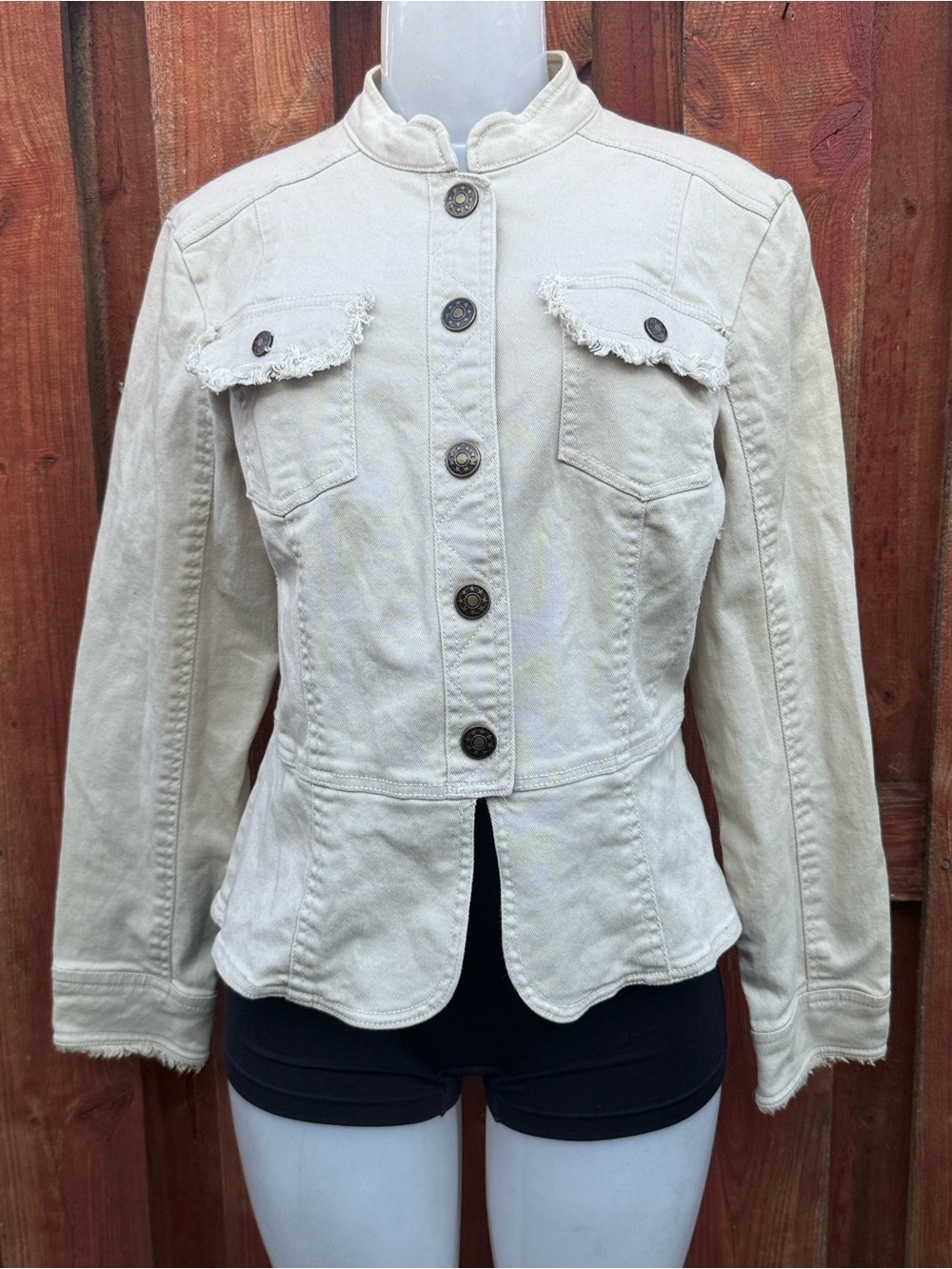 Live A Little Nordstrom Khaki Denim Jacket Raw Hem Frayed Peplum Vintage Large L
